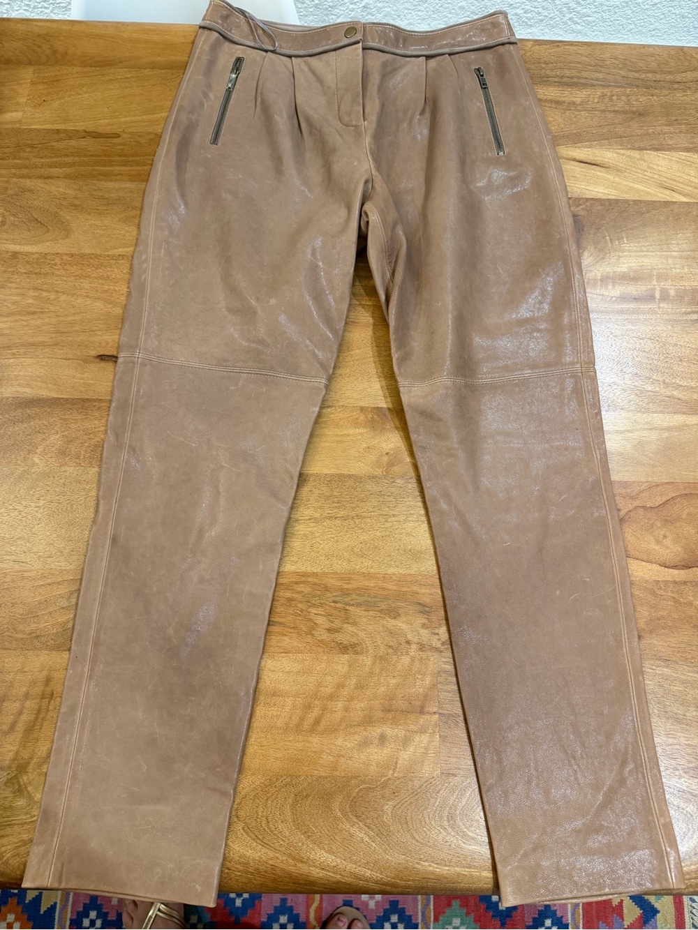 Tibi 100% Leather Taupe Brown Straight Slim Leg Pleated Pants Women’s Size 6